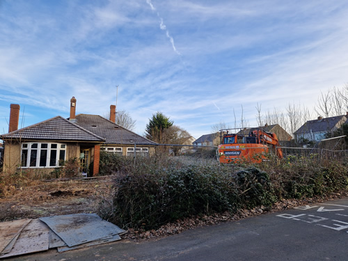 Bens Demolition Division job J.A. Developments, Bell Road, Coalpit Heath, Near Bristol. Demolition of buildings and clear gardens photo number 1