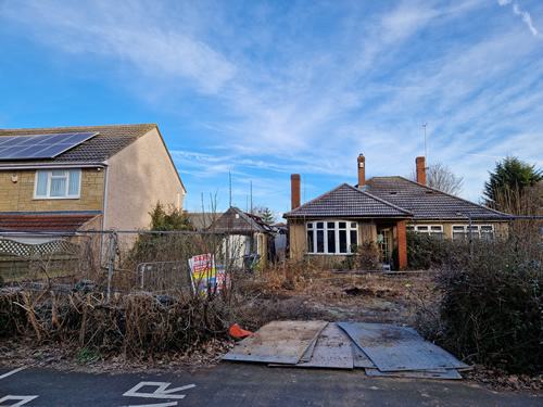 Bens Demolition Division job J.A. Developments, Bell Road, Coalpit Heath, Near Bristol. Demolition of buildings and clear gardens photo number 2